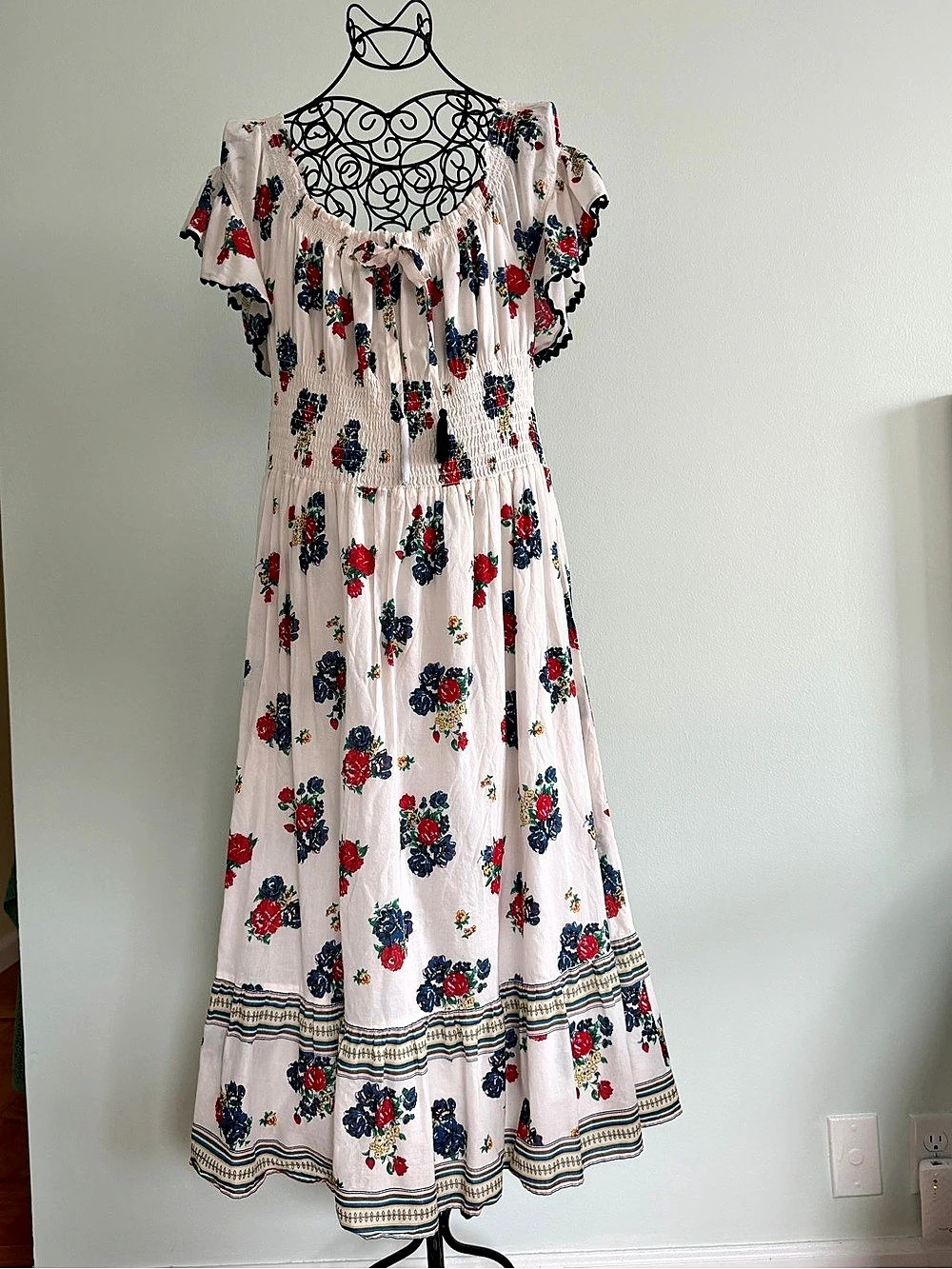 Tory Burch Floral Smocked Maxi Dress in White & Red Like New